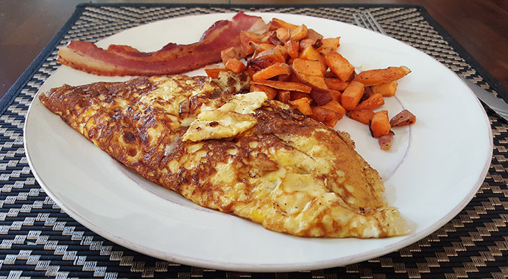 Mushroom, Onion and Cheese Omelette, Sweet Potato Homefries and Bacon