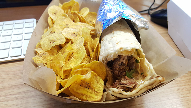Pulled pork wrap with plantain chips